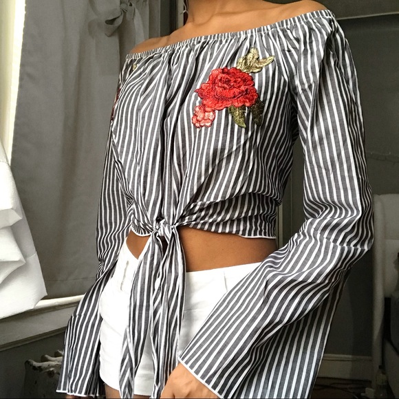 Tops - Striped Off Shoulder Long Sleeve Crop Top